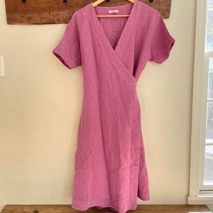 Menique | Bold Pink 100% Organic Linen Wrap Midi Eliana Dress